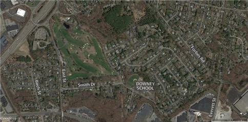 This figure is an aerial photo showing the Downey Elementary School and its nearby neighborhood.